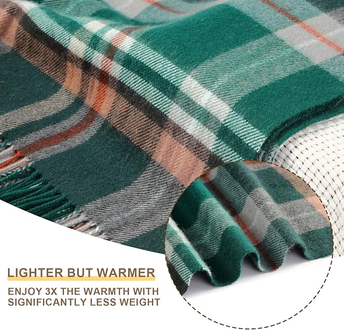 100% Wool Blanket Throw,Green Plaid Wool Blanket with Compact Bag,Rustic Soft Lightweight Blanket for Couch,Sofa,Bed & Lounging Decoration, Warm Travel Blanket for Home, Airplane,Ideal Gifts 55"x83"