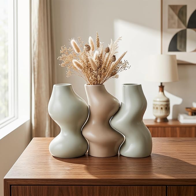 BosilunLife Decorative Vase Set of 3, Nested Interlocking Recycled Ceramic, Smooth Glossy Pastel Modern Decor, Sage Green & Khaki Centerpiece for Bookshelf