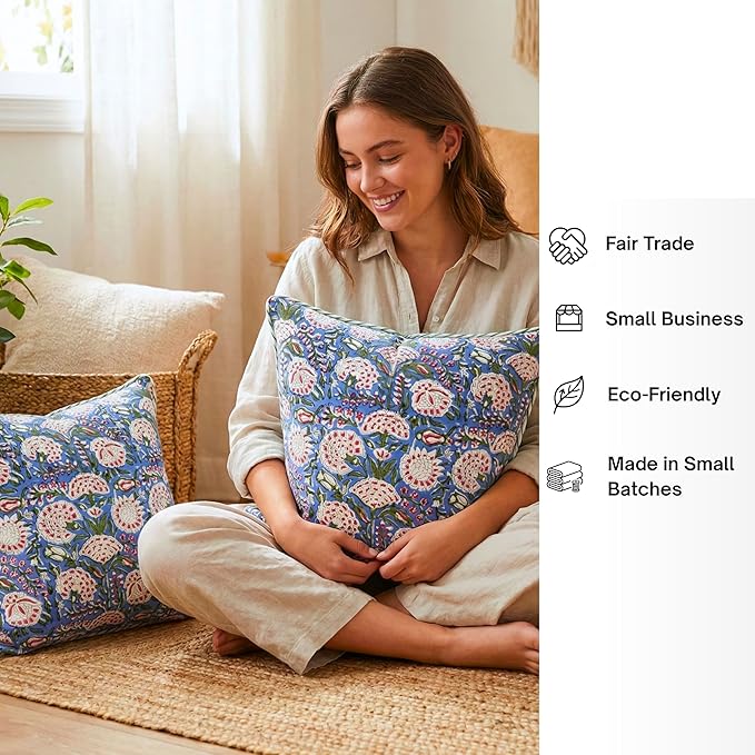 ATOSII Block Print Throw Pillow Covers, 18 X 18 - Set of 2, Decorative Couch Pillows for Living Room Bed Sofa, 100% Cotton Canvas Pillowcase for Home Decor & Outdoors, Preppy Throws - Clover Pink