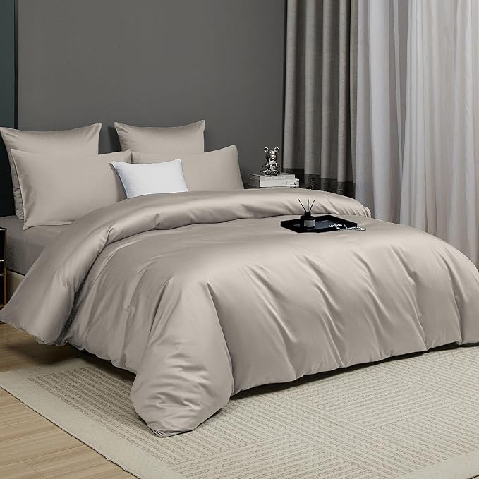 Light Taupe Cotton Duvet Cover Set Twin 100% Long-Staple Cotton Sateen Bedding Set, Soft Breathable Smooth Organic Pure Cotton Plain Comforter Cover, Luxury Minimalist Bedroom Decor for All Season