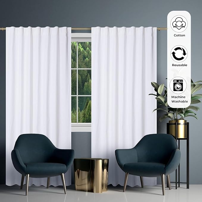 Bedding Craft White Cotton Tab Top Curtains 50x84 Set of 2, 84-Inch White Drapes for Living Room, Washable Curtains, Bedroom Living Room Curtain