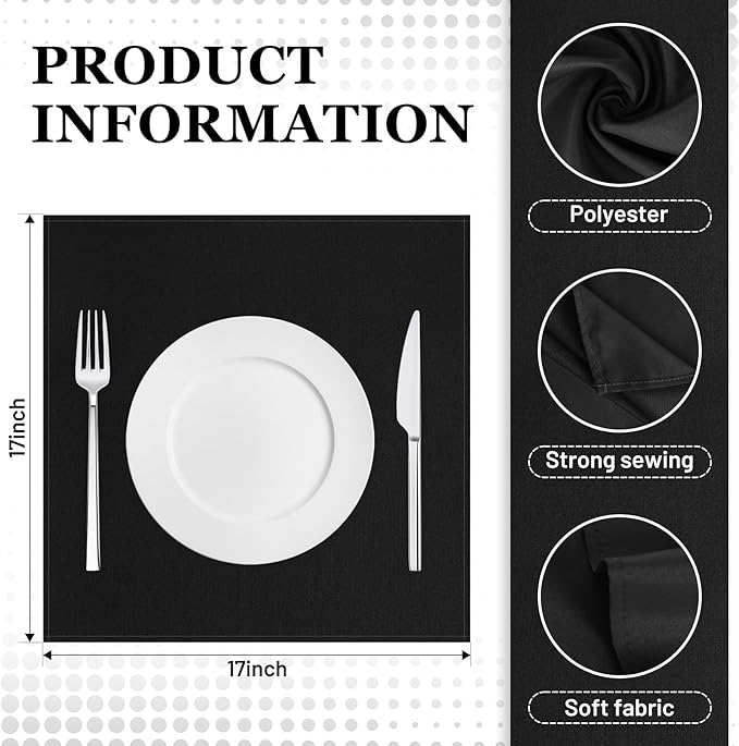 SuperO Set of 80 Cloth Napkins 17 x 17 Inch, Polyester Solid Washable Dinner Napkins with Hemmed Edges,Great for Restaurant, Wedding and Party(Black)