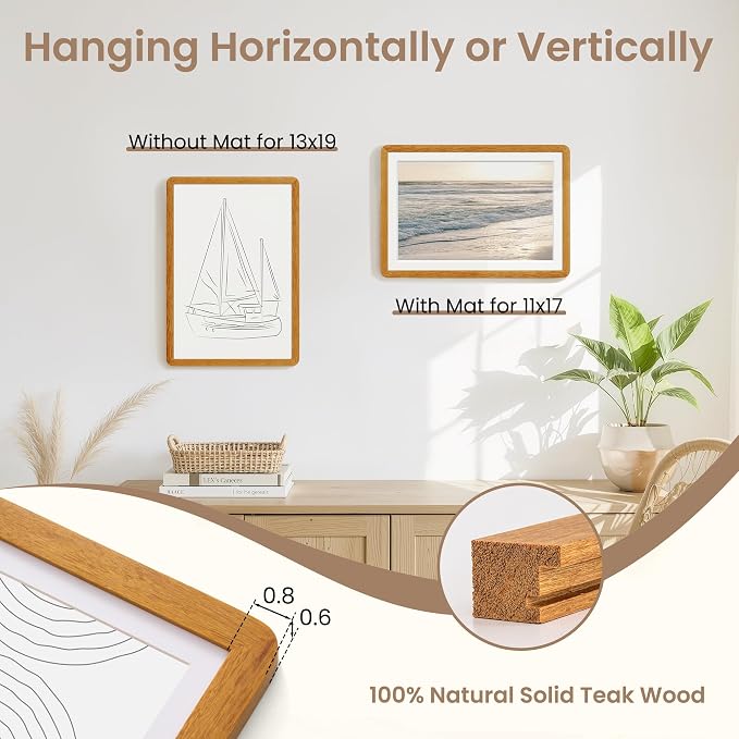 Fun Memories 13x19 Picture Frame - Solid Teak Wood Frame with Mat for 11x17, 13 By 19 Art Wall Frames with HD Tempered Glass, Horizontal or Vertical Wall Display, Natural Teak