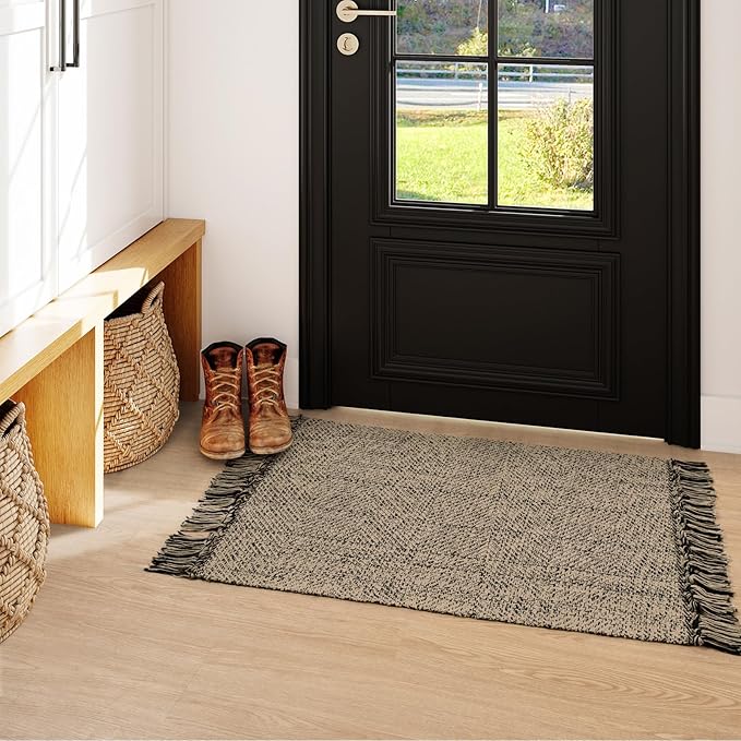 Collive Washable Small Bathroom Rug 2x3, Hand Woven Low Profile Front Door Mat Natural/Black Farmhouse Entryway Rugs, Cotton Reversible Kitchen Carpet for Foyer Bedroom Door Decor