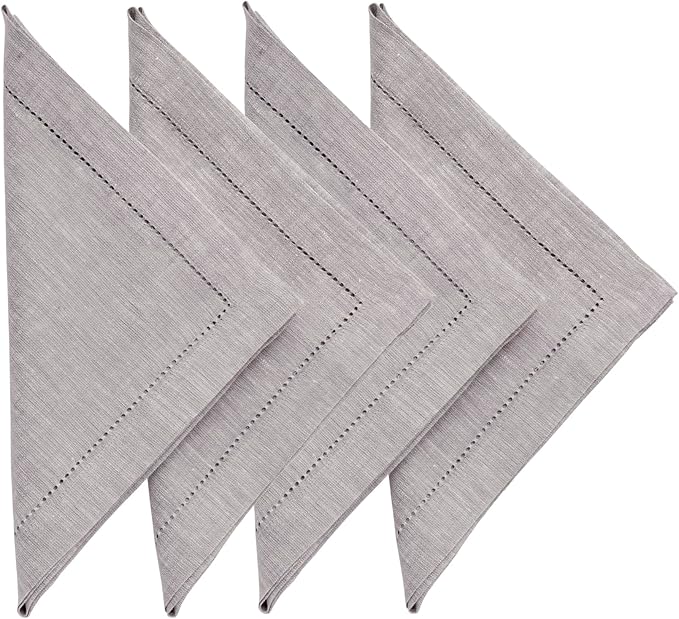 Solino Home Oyster Grey Linen Napkins Set of 4-100% Pure Linen Hemstitch Dinner Napkins 20 x 20 Inch for Summer - Milan