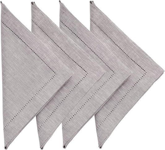 Solino Home Oyster Grey Linen Napkins Set of 4-100% Pure Linen Hemstitch Dinner Napkins 20 x 20 Inch for Summer - Milan
