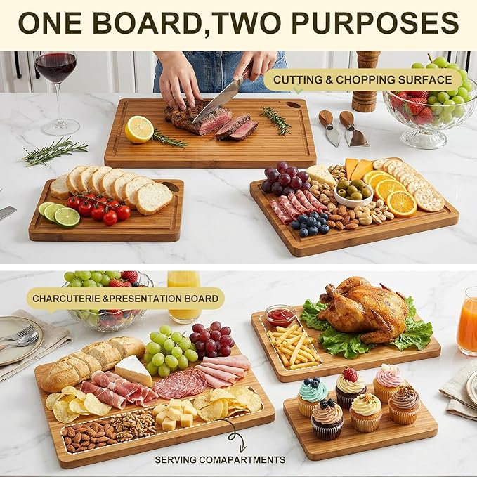 Non Toxic Bamboo Cutting Board Set of 3 Solid Wood Plastic Free Cutting Boards for Kitchen Small Dark Wooden Chopping Board Hardwood Cutting Boards for Meat Bread Fruit Serving Charcuterie Board