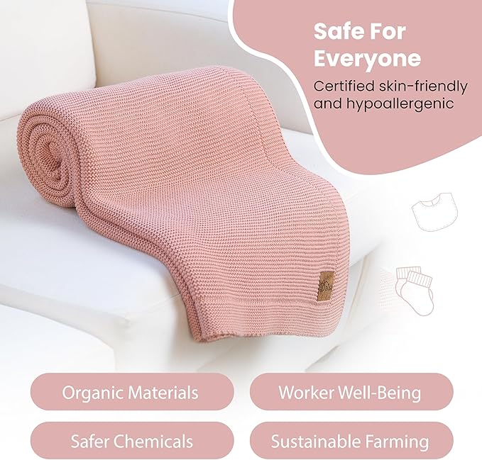 Dalisa 100% Organic Turkish Cotton Throw Blanket Harbor Mist– GOTS Certified, Cozy, with Reusable Cotton Gift Bag – Perfect for Couch, Bed, and Home Decor – Boho Vintage Knit Alina (Pink, 80x90)