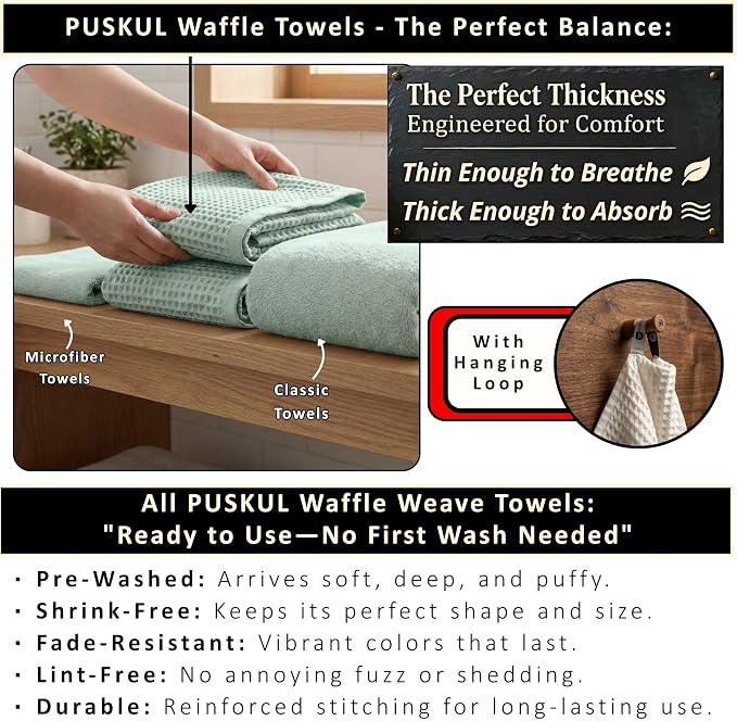 PÜSKÜL 4-Piece Natural 100% Turkish Cotton Luxury Waffle Towels for Bathroom | Premium Honeycomb Weave 2 Hand Towel & 2 Bath Towel Set | Soft Absorbent Quick-Dry Lightweight Towels (Ice Green)