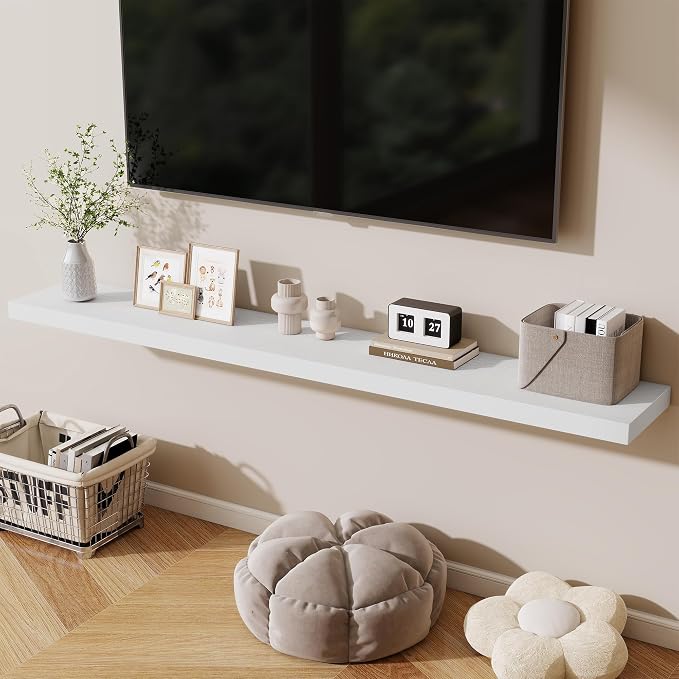 Fun Memories 72 Inch Fireplace Mantel Shelf, 10 Inch Deep Shelves for Display & Wall Storage, Rustic Wood Wall Shelf, Extra Long Floating Shelves for Living Room Laundry Room, White, Set of 2