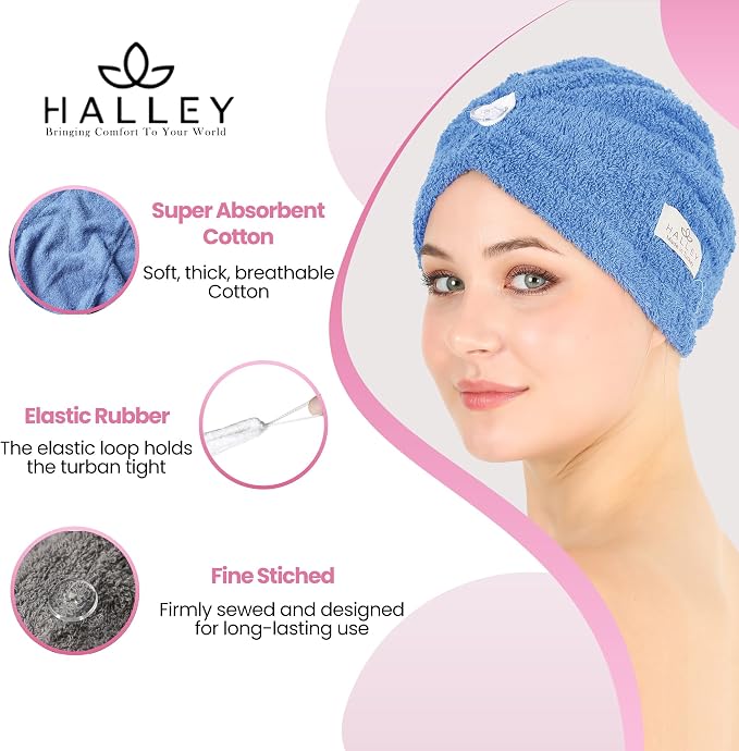 HALLEY Cotton Hair Towel Wrap (3 Packs) Super Absorbent Fast Drying Hair Towel for Thick Hair Turbans for Wet Hair with Button (Blue, White, Grey)