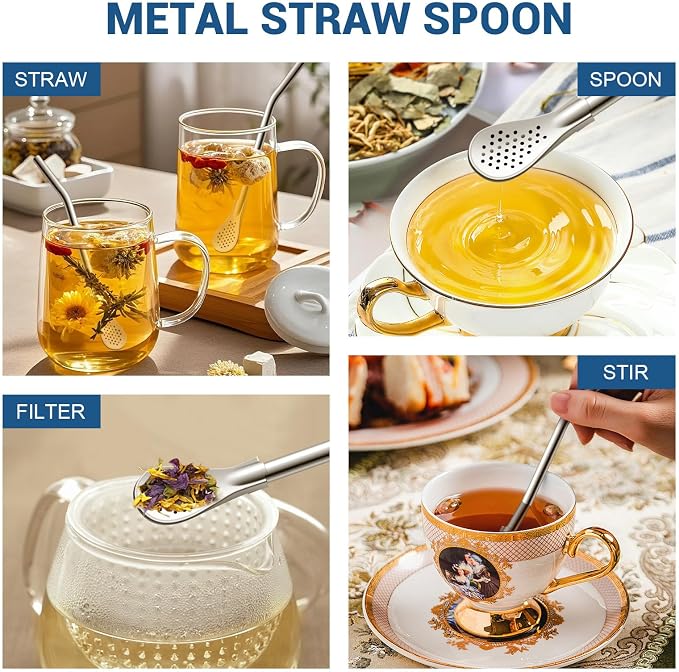 6 in Reusable Yerba Mate Straws, 6 Pcs Metal Spoon Straws Bent | Stainless Steel Short Straw Spoon, Removable Drinking Filter Straws with 2 Cleaning Brushes for Tea Coffee Cocktail(Silver)