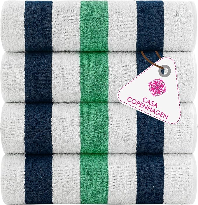 CASA COPENHAGEN Monaco Beach Towels Designed in Denmark Rough and Tough, Quick Dry, for Pool, Bath & Shower 30x60 inches 4 Pieces Cotton Beach Bath Towels Set - Teal Blue