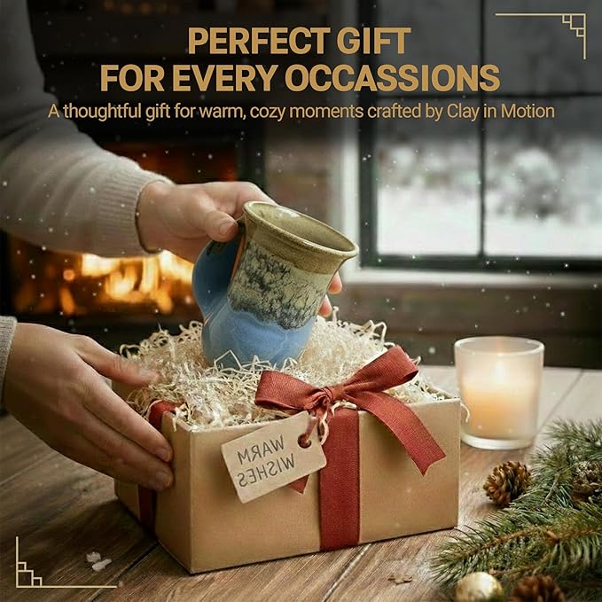 Clay in Motion Hand Warmer Coffee Mug – Handmade Coffee Mug With Comfortable Handle Contoured Pocket Hand Warming Ceramic Coffee Mug – Proudly Made in USA – Left Handed – 14 Oz - Sandy Beach