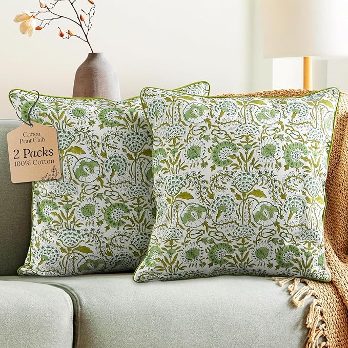 CPC 100% Cotton Throw Pillow Covers 16x16 Inch, Set of 2 Pink Block Print Pattern Couch Pillow, Cute Boho Decorative Pillows for Living Room, Bedroom with Hidden Zipper- Agate Green