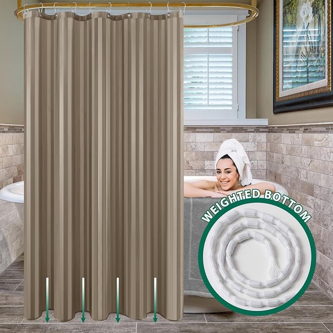 Biscaynebay Fabric Shower Curtain or Liner 72" by 72", Taupe Water Repellent Damask Stripes Bathroom Curtains Machine Washable