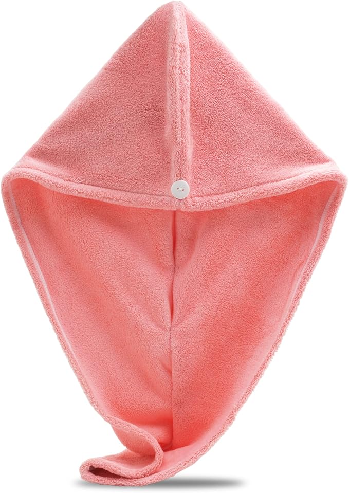 Microfiber Hair Towel Wrap, Super Absorbent Twist Turban Dry Hair Cap with Button Loop Fasten