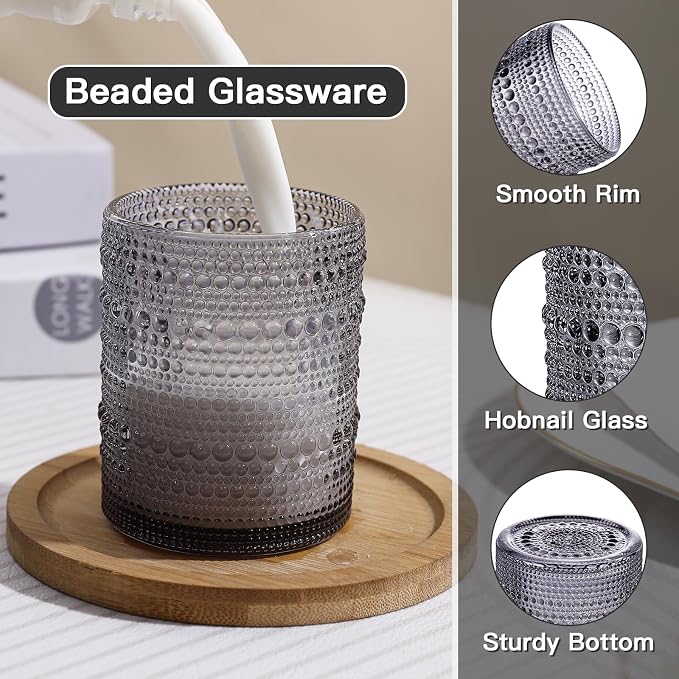 JOVGANK Grey Vintage Hobnail Drinking Glasses Set of 6, Embossed Water Tumbler 12oz, Kitchen & Bar Beaded Glass Cups, Beverage Glass Cups for Water, Beer, Juice, Gift for Housewarming Mother's Day
