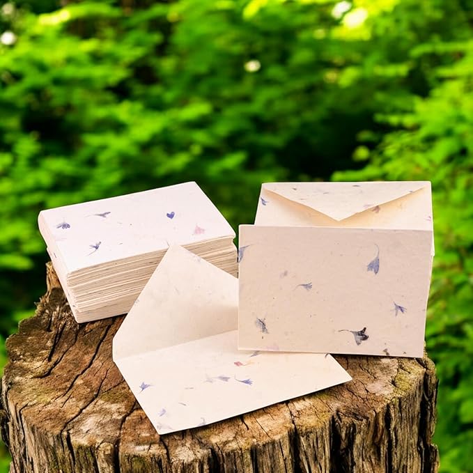 Kathmandu Valley Co. 50 Vintage 4x6 Handmade Lokta Paper Nepali Cherish Greeting Cards & Matching Decorative Flower Petal Envelopes. Folded blank cards. Handmade In Nepal. (Cornflower)