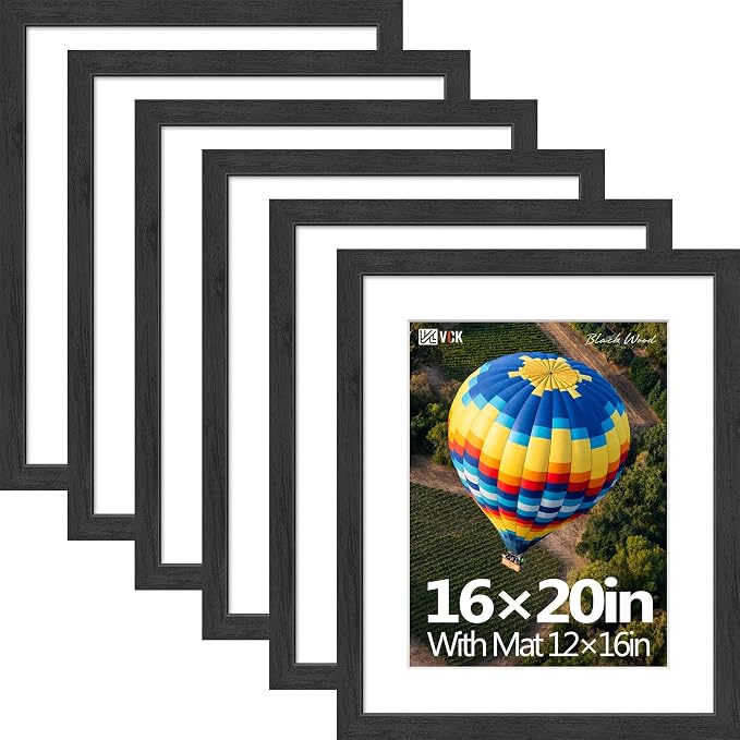 VCK 16x20 Picture Frames Black - 6 Pack, Wide Border Solid Wood, Tempered Glass, Display 12x16 Photo with Mat or 16 x 20 without, for Home, Office, Gallery, Woodgrain Series, Wall Hanging