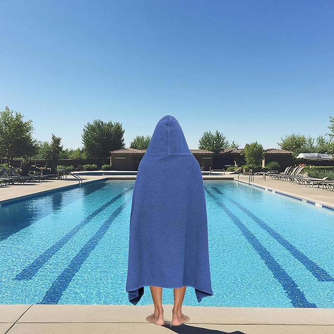 COTTON CRAFT Hooded Bath Towel – Oversized 35 x 70 Waffle Weave Towel with Hood for Adults - 100% Ringspun Cotton Pool Bath Sheet Wrap with Hood - Soft Super Absorbent Quick Dry – 450 GSM – Blue