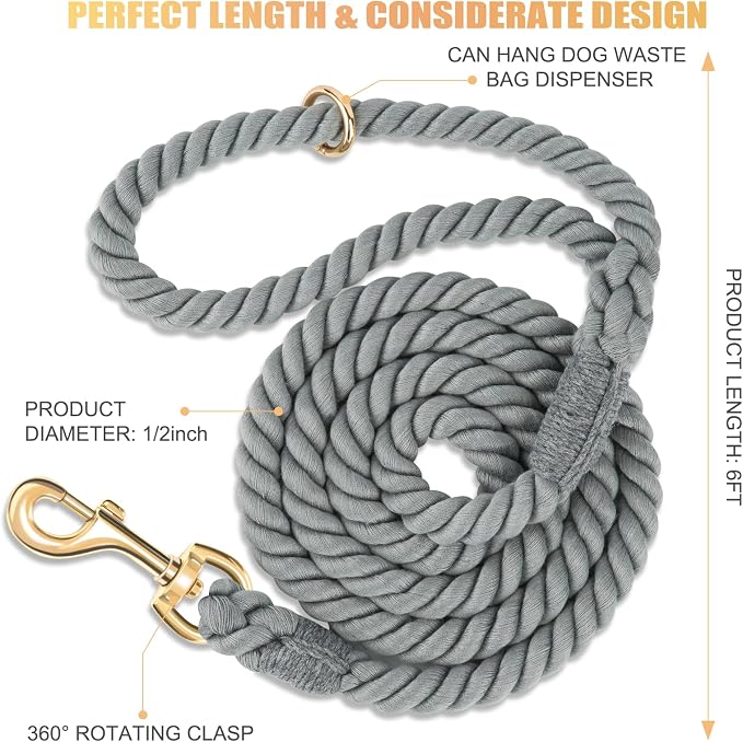 Dog Leash 6 FT Handmade Braided Cotton Rope Leashes for Small Medium and Large Dogs, New Golden Heavy Duty Metal Clasp, Grey