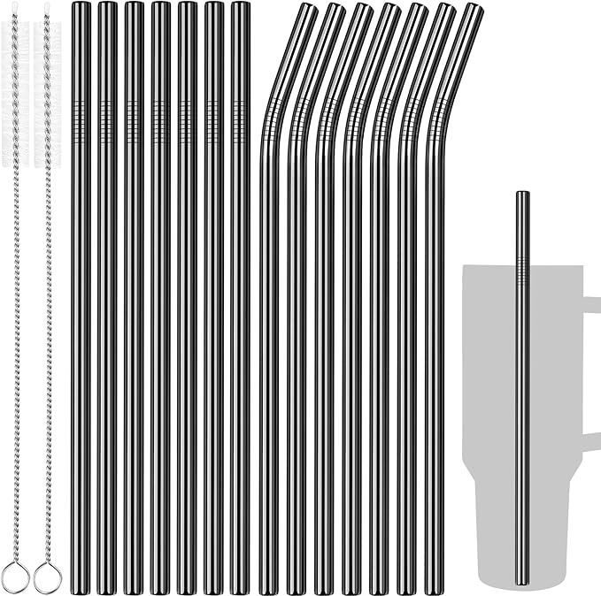 Tomorotec 40oz Straws, 14PCS Stainless Steel Replacement Straws Fit for Stanley 40oz Adventure Quencher Travel Tumblers with Cleaning Brushes 2PCS, Food-Grade, Dishwasher Safe for Smoothies (Black)
