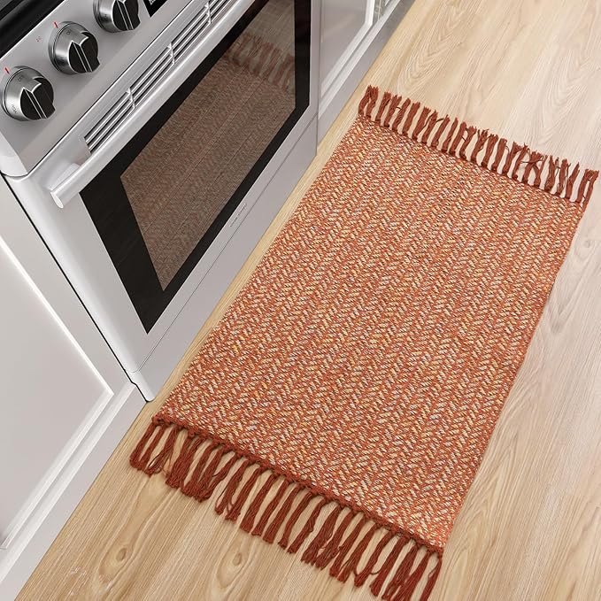 Lahome Belle Boho Fall Kitchen Rug, 2x3 Bathroom Rug Lightweight Indoor Door Mats for Entryway Small Cotton Area Rug with Tassels, Farmhouse Washable Throw Rugs Low Pile Carpet for Bedroom