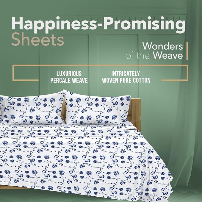 TEXAS LINEN CO. 100% Organic Cotton Sheets Twin XL Size - 3 PC Organic Cotton Percale Printed Sheets Twin XL Set (Floral Blue), Soft, Crisp Bedsheets, 16" Deep Pocket Hotel Bedding - GOTS Certified