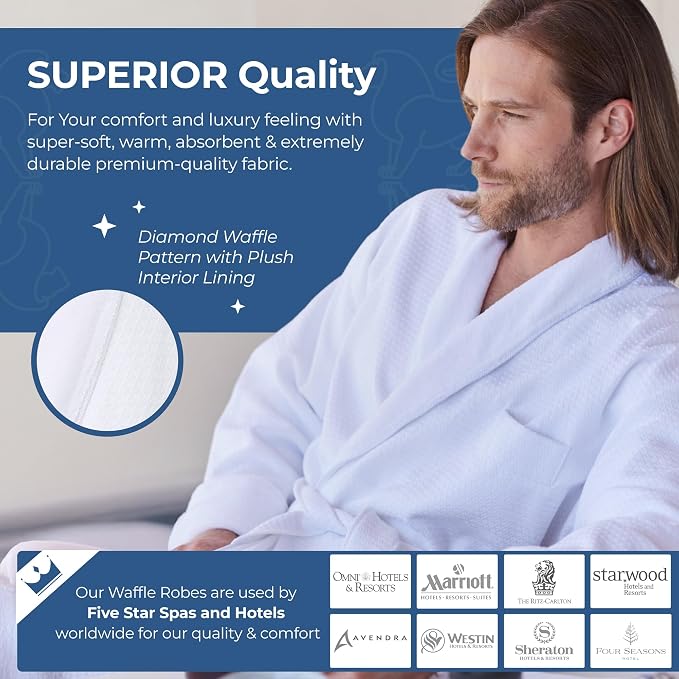 MONARCH Unisex Plush Lined Waffle Spa Robe – Soft and Warm Textured Fabric, Generously Sized Hotel & Spa Robe with Pockets