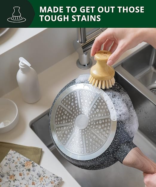 ROYAL CRAFT WOOD Bamboo Dish Scrub Brush w/Handle - Wooden Washing Dish Brush Scrubber for Kitchen - Filrm Bristles Brush with Handle for Sink, Dishes & Vegetables