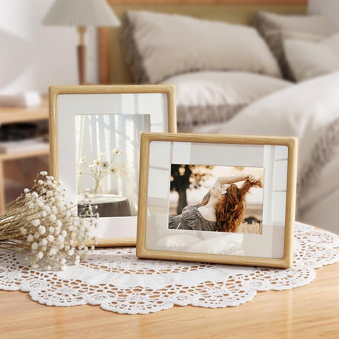 8x10 Picture Frame, USA-Sourced Oak Wood Picture Frame, 8x10 Photo Frame with High Tempered Glass, 8 by 10 Wooden Frame Matted to 5x7 Photo for Wall & Tabletop Display, Oak Color, 1 Pack
