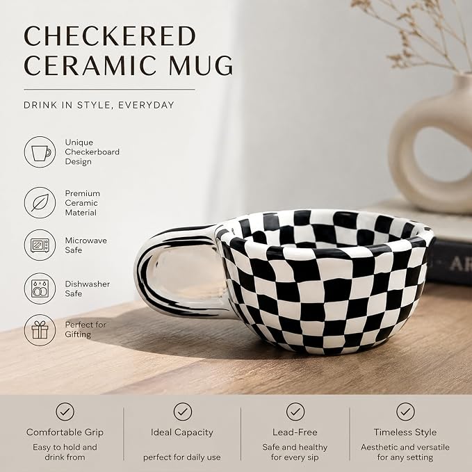 Ceramic Coffee Mug 5.7Oz Small Checkered Coffee Cups Alpine Pattern Hot Chocolate Cup Handmade Checkerboard Latte Mug Aesthetic Gift for Coffee Lovers Microwave Safe,Black checkered