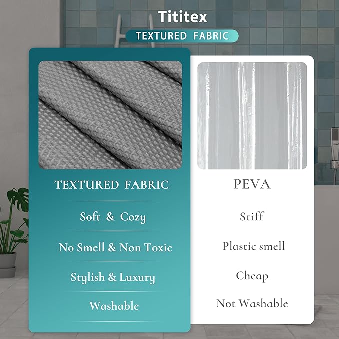 Tititex Solid Grey Cloth Fabric Shower Curtain Liner with 2 Magnets - Texture Soft Hotel Quality Waterproof Shower Liner, Light-Weight & Machine Washable 72x78 inch