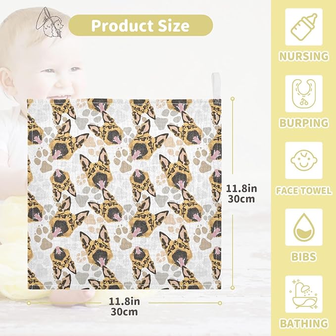 Baby German Shepherd Dog Msulin Washcloths Newborn Face Towel - Baby Muslin Burp Cloths 5 Pack Soft Absorbent Natural Cotton Wash Towel 11.8"X11.8" Baby Bath Towels Wipes