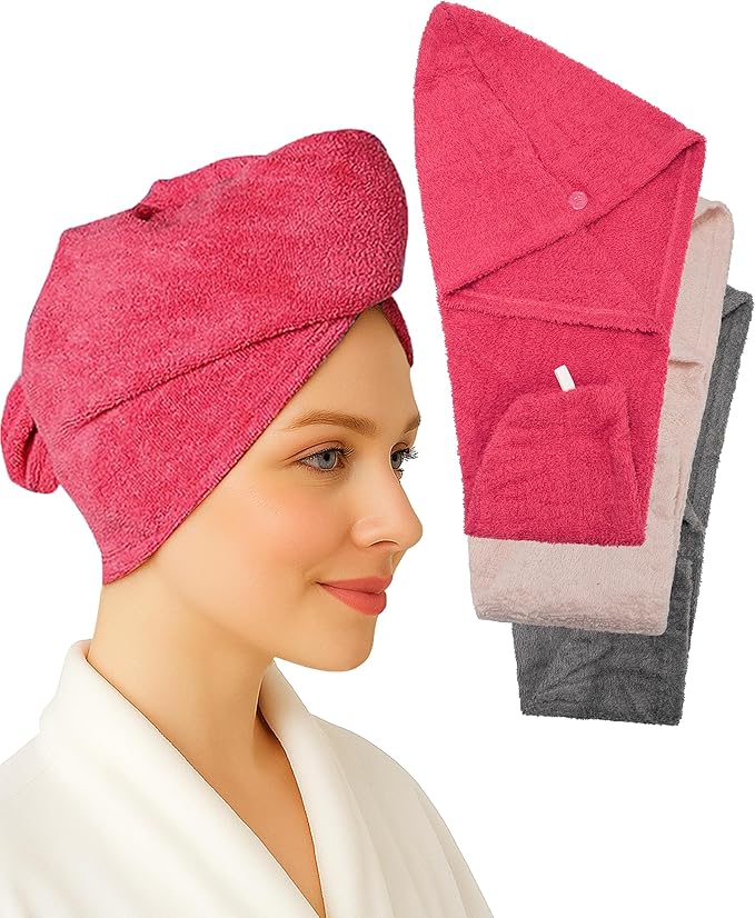 Textila 100% Cotton Hair Wrap Towels for Women, (Pack of 3 - Raspberry, Pink & Grey) Head Towel Cap, Cotton Hair Turban Towel Wrap for Long Curly Anti Frizz Hair, Soft and Absorbent Cotton Hair Towels