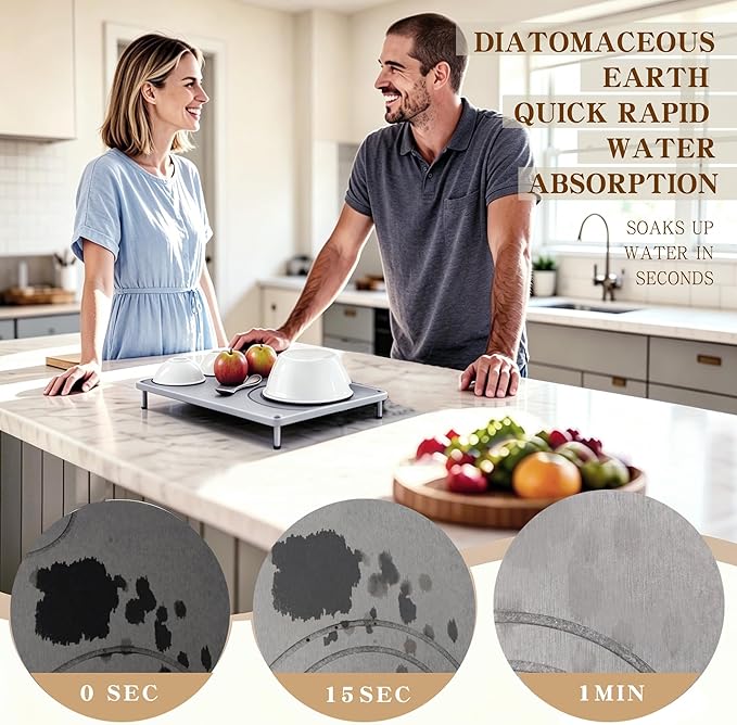 Stone Drying Mat For Kitchen Counter, 3 PCS Wuvsveai Diatomaceous Earth Dish Drying Mat,Kitchen Mat, Stone Bath Mat for Bathroom, Dish Drying Rack & Dish Drainers for Countertop (Moonlight Grey)