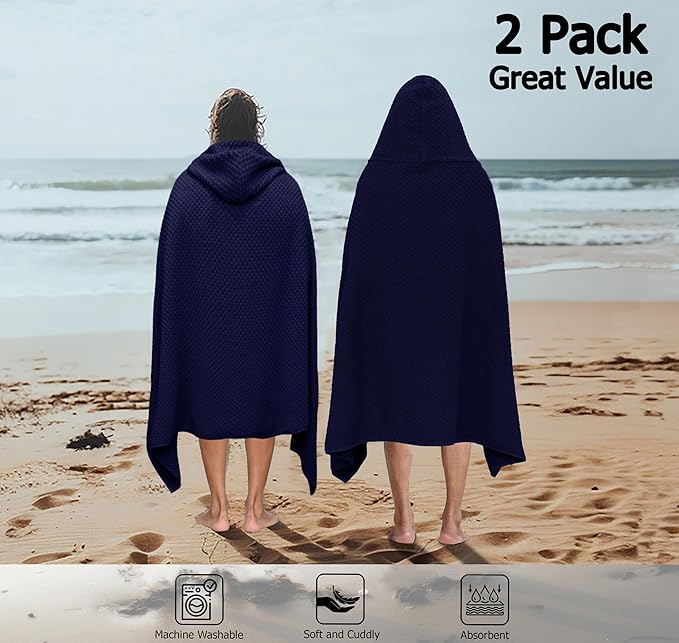 COTTON CRAFT Hooded Bath Towel – 2 Pack Oversized 35x70 Waffle Weave Towel with Hood for Adults - 100% Ringspun Cotton Pool Bath Sheet Wrap with Hood - Soft Super Absorbent Quick Dry – 450 GSM – Navy