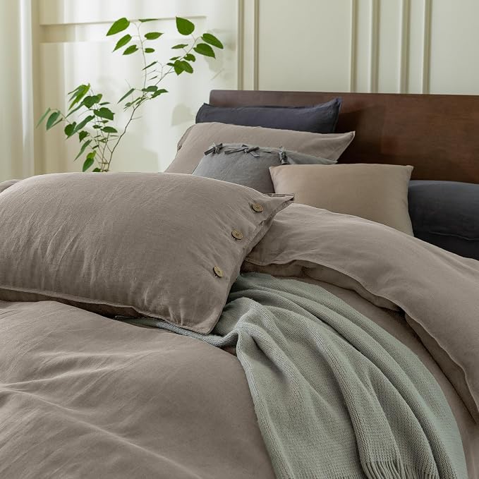 EVERLY 100% Pure Linen Duvet Cover Set Queen Size90X90Inch 3pcs (1 Duvet Cover,2 Pillowcases) Soft and Breathable for All Season with Coconut Button Closure, Suitable for Hot Sleepers-Natural Linen