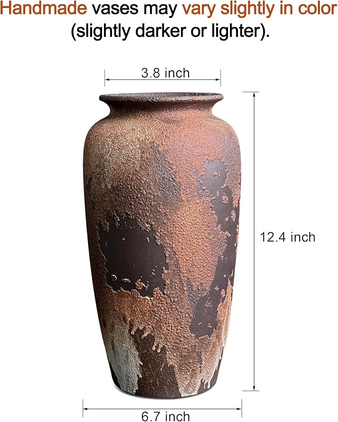 GeLive Large Rustic Ceramic Vase, 12 Inch Textured Distressed Brown Pottery, Handmade Wabi Sabi Boho Farmhouse Vase for Pampas Grass, Fresh & Dried Flowers, Living Room, Entryway, Table Centerpieces