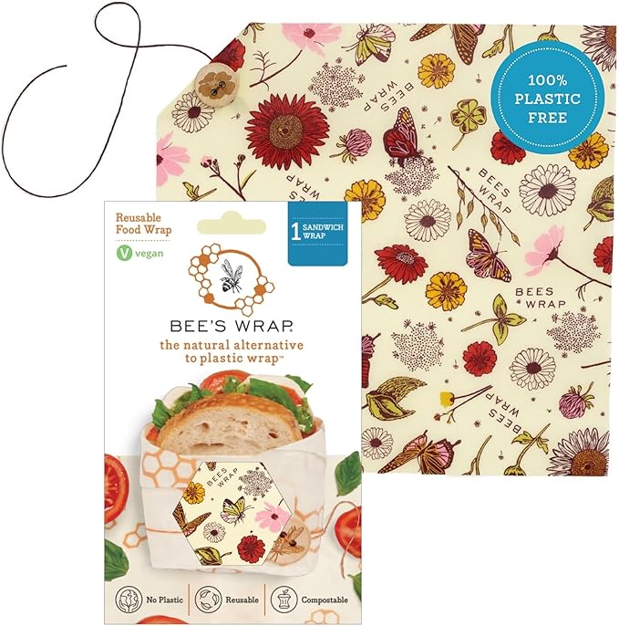 Bee's Wrap Vegan Beeswax Sandwich Wrap - Beeswax Lunch Wrap with Button & Tie - Plastic Free Made in USA Reusable Natural Food Wrap - Meadow Magic