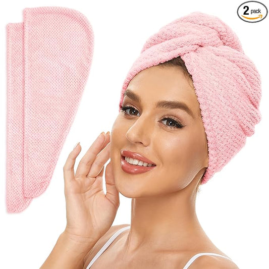 SimpleField 2 Pack Microfiber Hair Towel Wrap for Women, Anti Frizz Quick Drying Hair Turban for All Hair Style, Absorbent and Lightweight (Pink)
