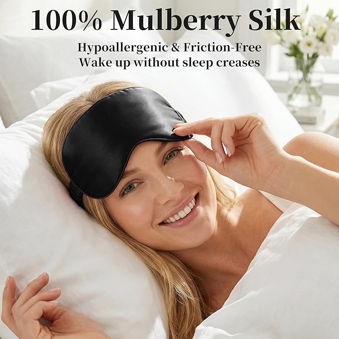 ZLYC 100% Mulberry Silk Sleep Mask Pressure-Free Eye Cover Soft Light Blocking Blindfold for Travel & Nap, Solid Black