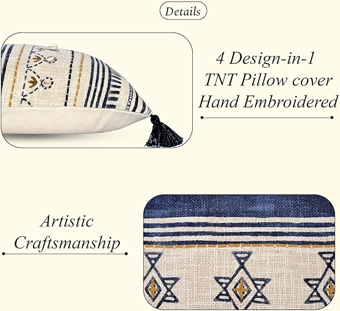 Ridhi Block Print Off White Navy Gold Cotton Handmade TNT Cushion Cover 18x18 Inch Accent Decorative Throw Pillow Cover for Sofa, Living Room, Bedroom Decor, Soft, Cushion Case for Spring, Summer