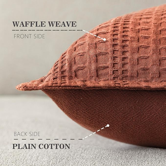 Foindtower Set of 2 Decorative Cotton Waffle Weave Throw Pillow Covers Euro Sham Cushion Covers Accent European Pillowcase For Bed Couch Sofa Bedroom Living Room Home Decor 24×24 Inch Fall Rust Orange