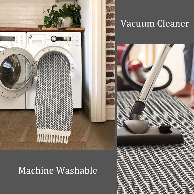 Lahome Belle Boho Hallway Runner Rug, 2x6 Laundry Room Lightweight Entry Bathroom Woven Cotton Throw Mat with Tassels, Farmhouse Non Shedding Washable Grey Rug Low Pile Runner for Kitchen