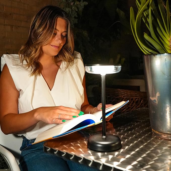 Cocktail Style Solar Table Lamp - Cordless LED Light with USB-C Charging, Dimmable Warm 2700K Glow, Weather Resistant for Indoor/Outdoor Use - Black, 1 Pack