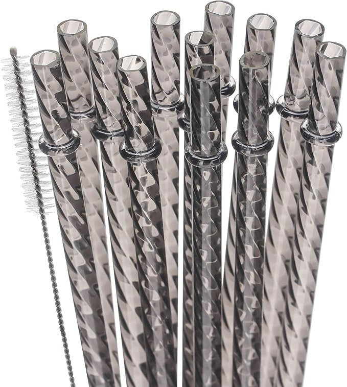Dakoufish 12 Inch Reusable Clear Plastic Swirl Drinking Straws for 30 oz & 40 oz Jars/Tumblers,Set of 12 Pcs Replacement Crystal Black Straws with Cleaning Brush (12inch,black)