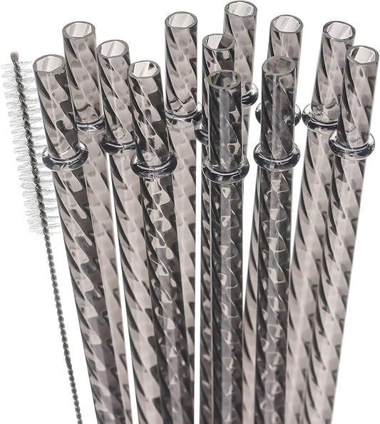 Dakoufish 12 Inch Reusable Clear Plastic Swirl Drinking Straws for 30 oz & 40 oz Jars/Tumblers,Set of 12 Pcs Replacement Crystal Black Straws with Cleaning Brush (12inch,black)