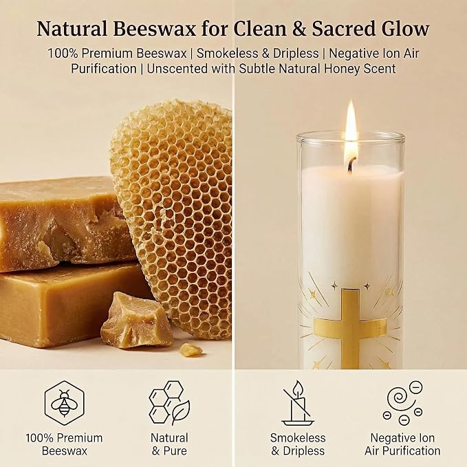 Beeswax Pillar Candles in Glass Jar,3-Pack 128H Burn,White Unscented Prayer Candle